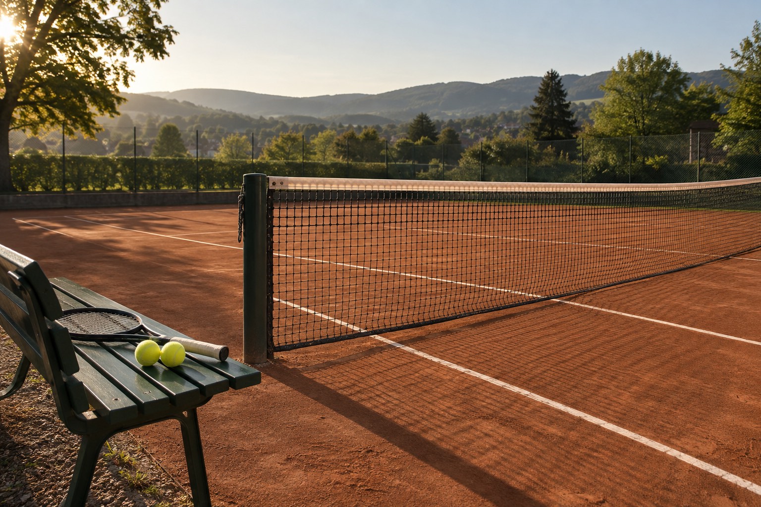Tennisplatz mit rotem Sand und weissen Spielfeldlinien im Freien